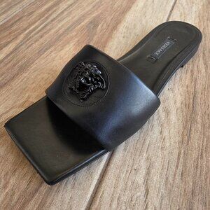 Versace La Medusa Black Leather Flat Sandals Eur. 37